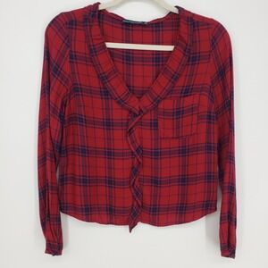 Abercrombie & Fitch Plaid Ruffle Top Blouse Womens XS Red Flannel Long Sleeve